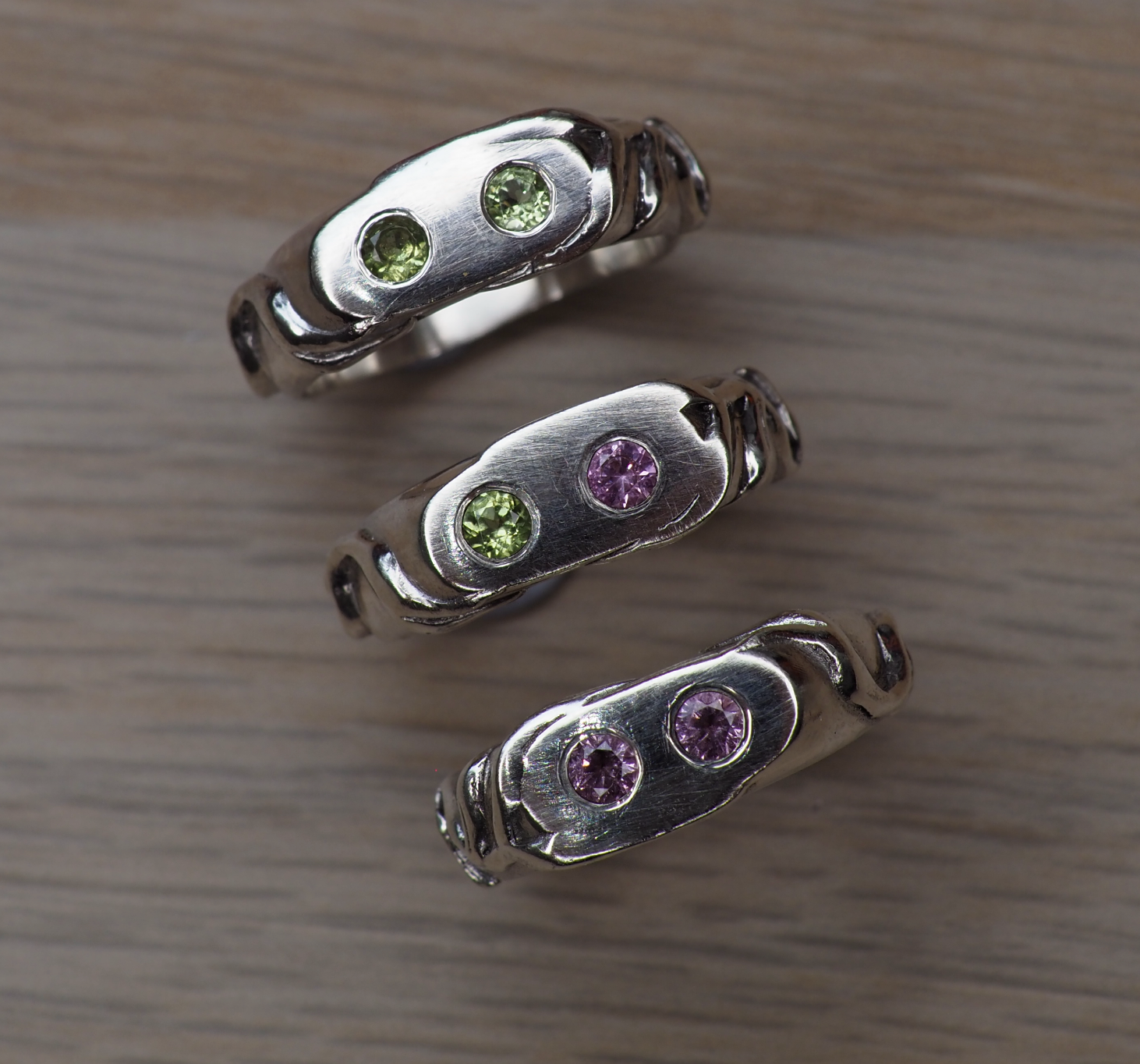 Small decorative item with natural topazes and peridots gemstones on a textured vine leaf  hand made  recycled sterling silver signet ring 